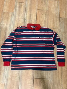 PLAYBOY Striped Long Sleeve Polo - Navy/Red/White